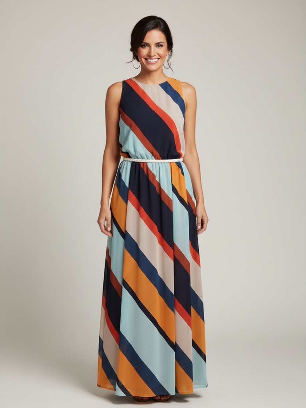 Striped Sleeveless Maxi Dress in Navy, Coral, Mustard & Light Blue